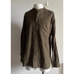 Civilian Irish Grandfather Collarless Shirt Small Dark Army Green Linen Cotton